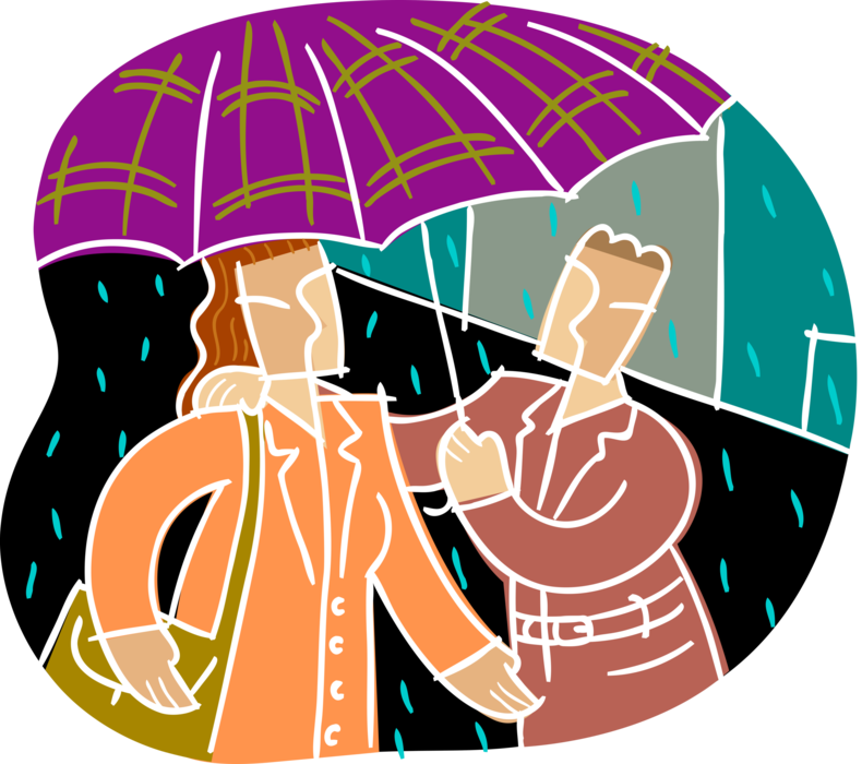 Vector Illustration of Inclement Weather Commuters Walking with Umbrella in Rain