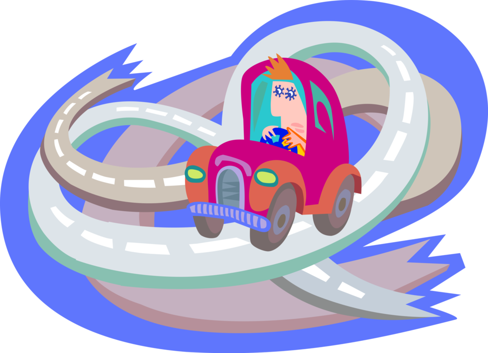 Vector Illustration of Man Drives Car on Interstate Highway Expressway Motorway Overpass