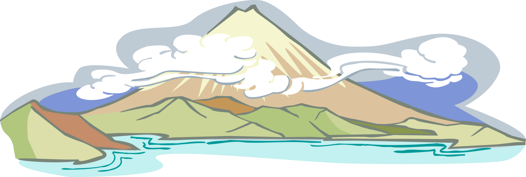 Vector Illustration of Mountain Volcano in Mist and Clouds