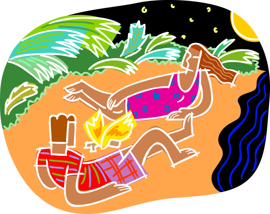 Vector Illustration of Day at the Beach Evening Campfire on the Sand