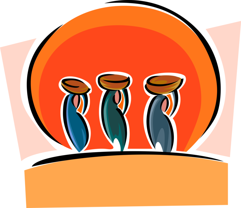 Vector Illustration of Women Carrying Baskets on Their Heads with Setting Sun