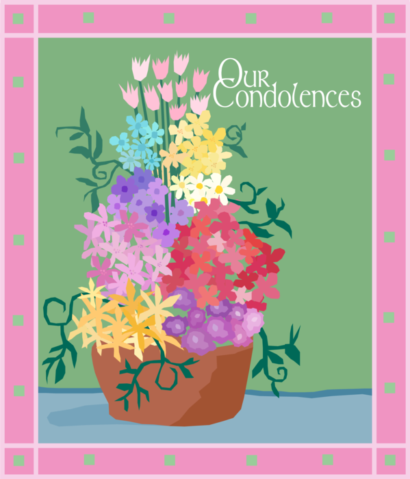 Vector Illustration of Funeral Card with Our Condolences Potted Flower Plant