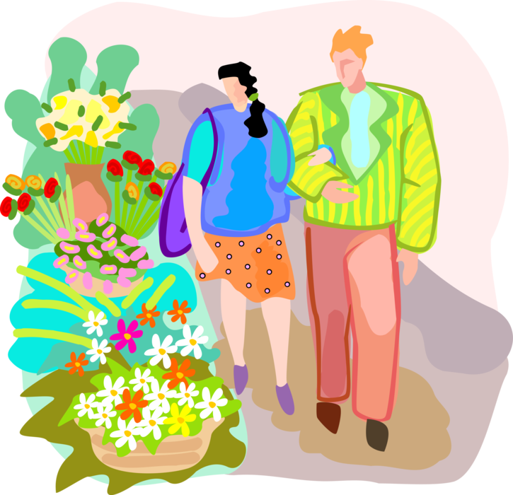 Vector Illustration of Couple Walking Past Flower Stand at Outdoor Market