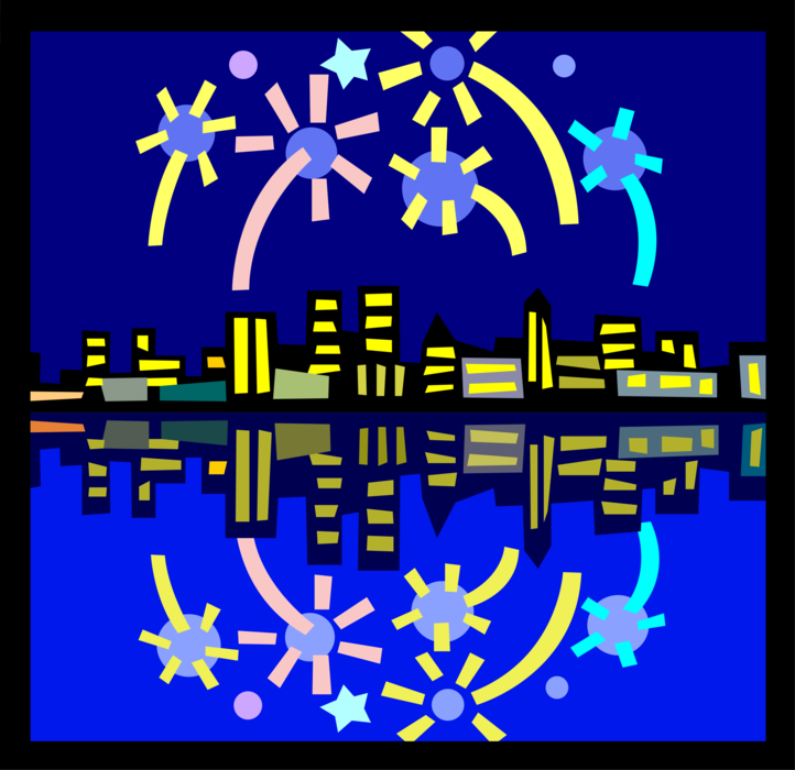 Vector Illustration of Fireworks Low Explosive Pyrotechnics Explode Over the City Skyline