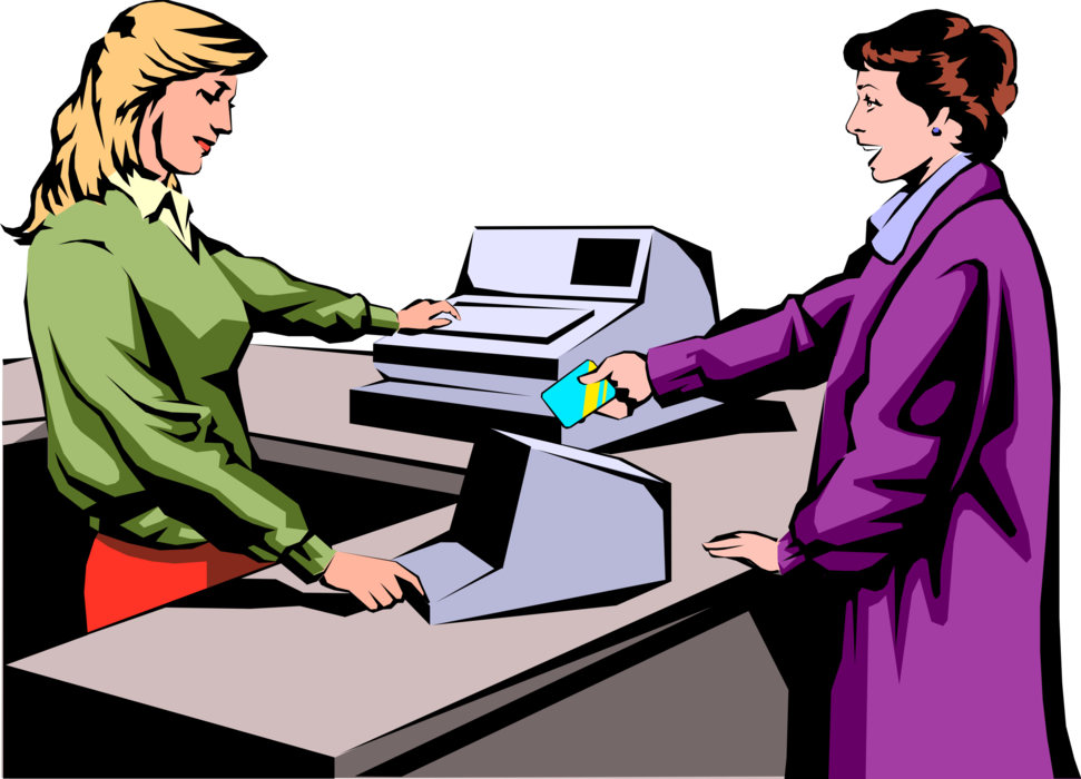 Vector Illustration of Retail Shopping Cashier Clerk with Customer