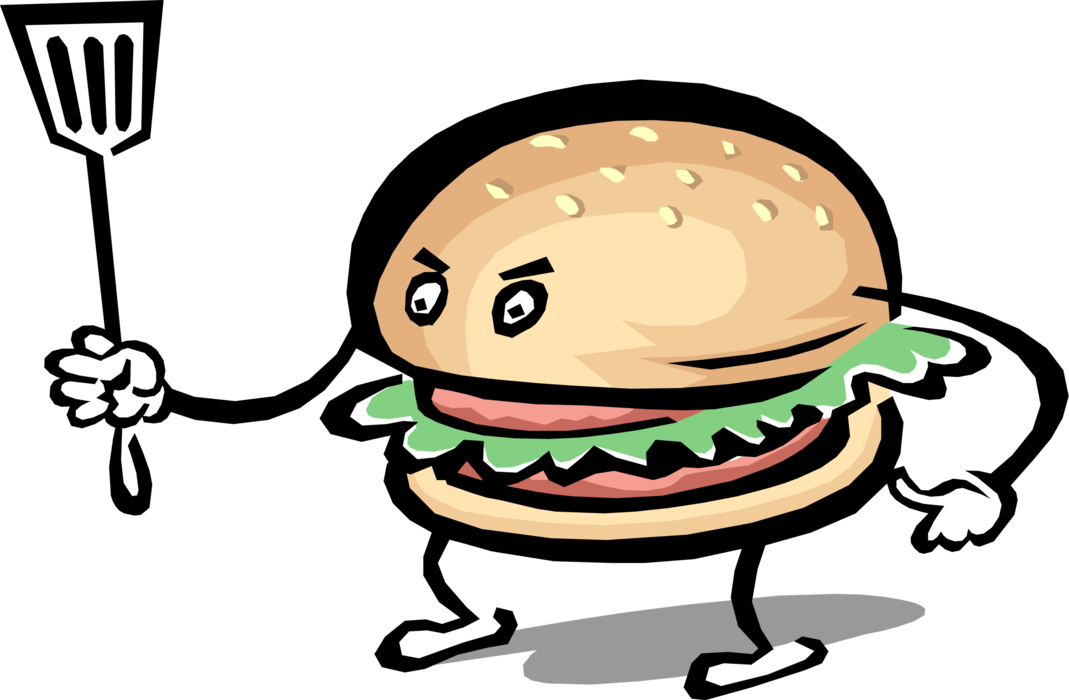 Vector Illustration of Anthropomorphic Hamburger Guy with Spatula