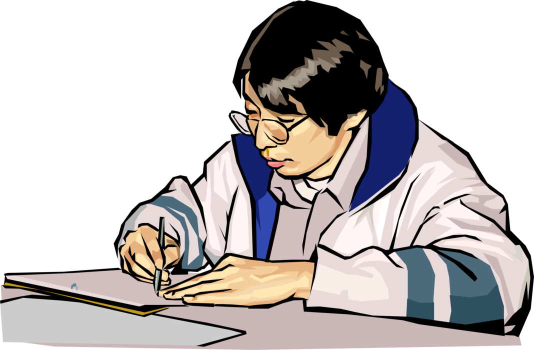 Vector Illustration of Student in School Classroom Writing at Desk