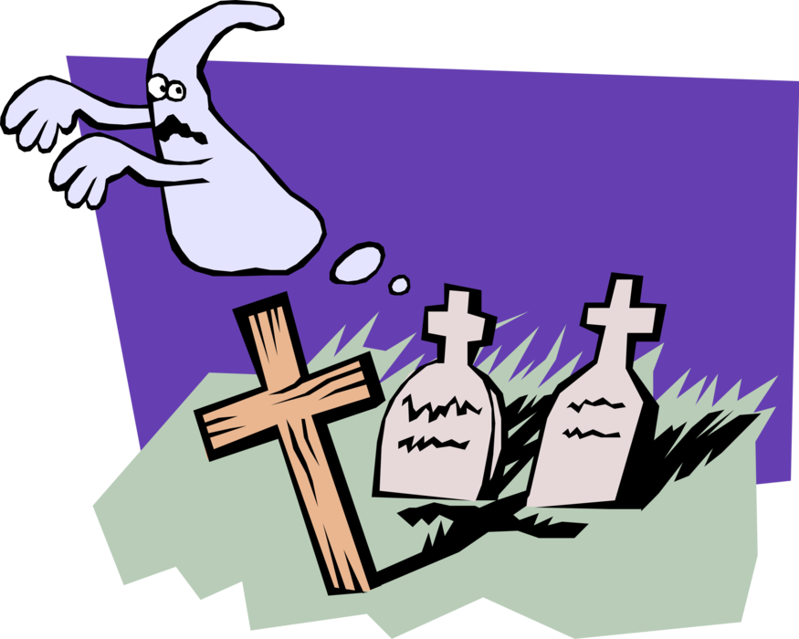 Vector Illustration of Graveyard with Cross and Tombstones and Scared Ghost Phantom, Apparition, Spirit, Spook