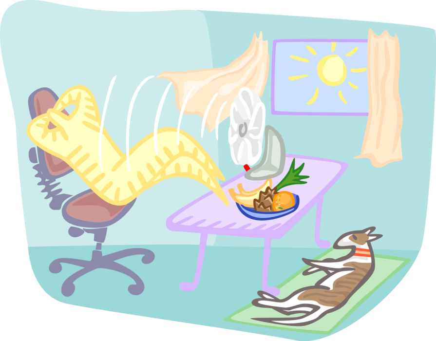 Vector Illustration of Relaxing on Hot Day with Electric Fan Circulating Air