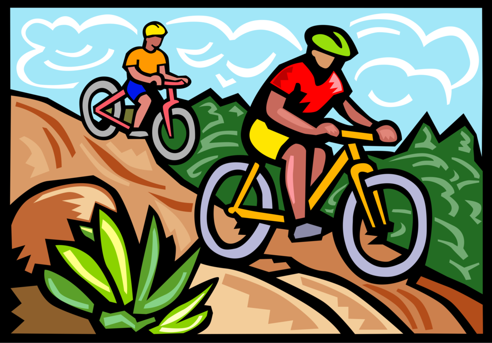 Vector Illustration of Mountain Biker Cyclist Riding Bicycle Navigates Steep Mountain Terrain