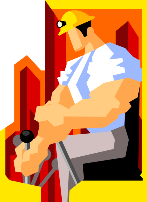 Vector Illustration of Construction Worker Operates Industrial Forklift Heavy Equipment