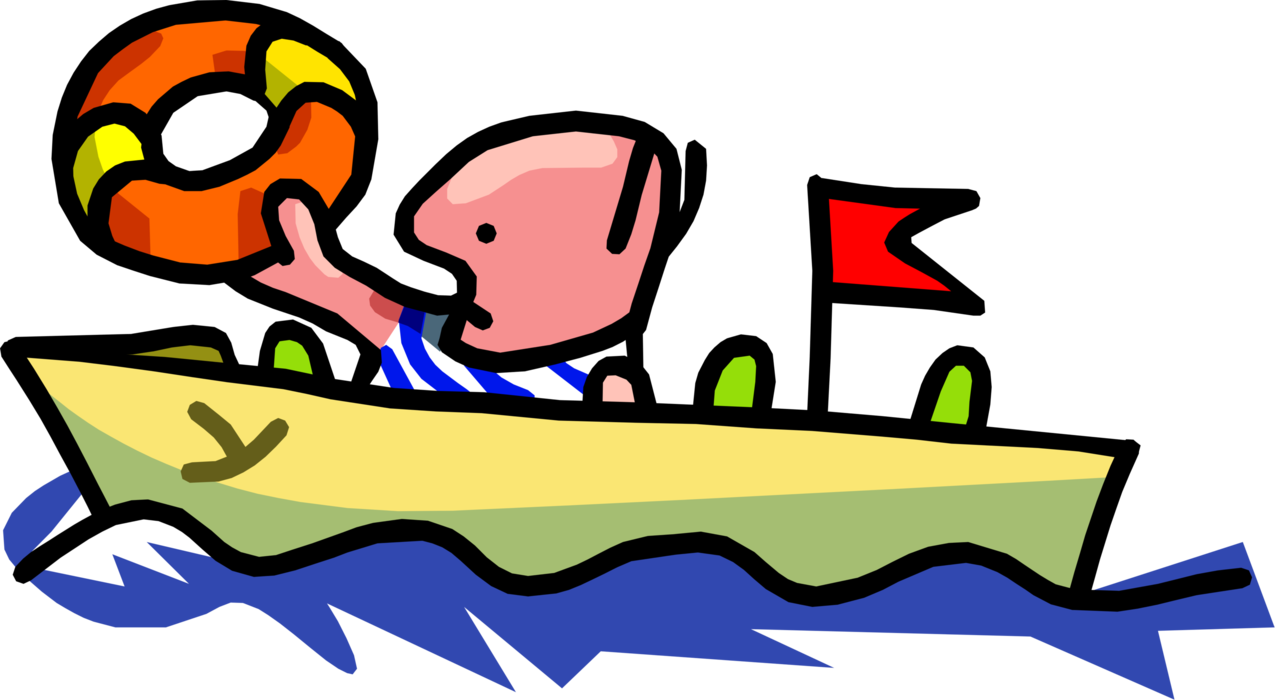 Vector Illustration of Watercraft Captain Throwing Out Lifebuoy Ring Lifesaver Life Saving Floating Buoy