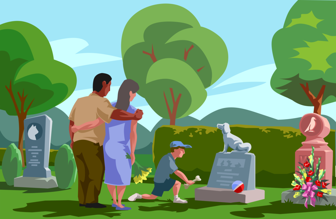 Vector Illustration of Bereaved Loved Ones Visiting Pet Cemetery Grave and Paying Respects