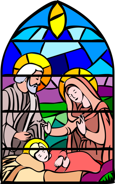 Vector Illustration of Nativity Scene Mary, Joseph and Baby Jesus Stained Glass Window