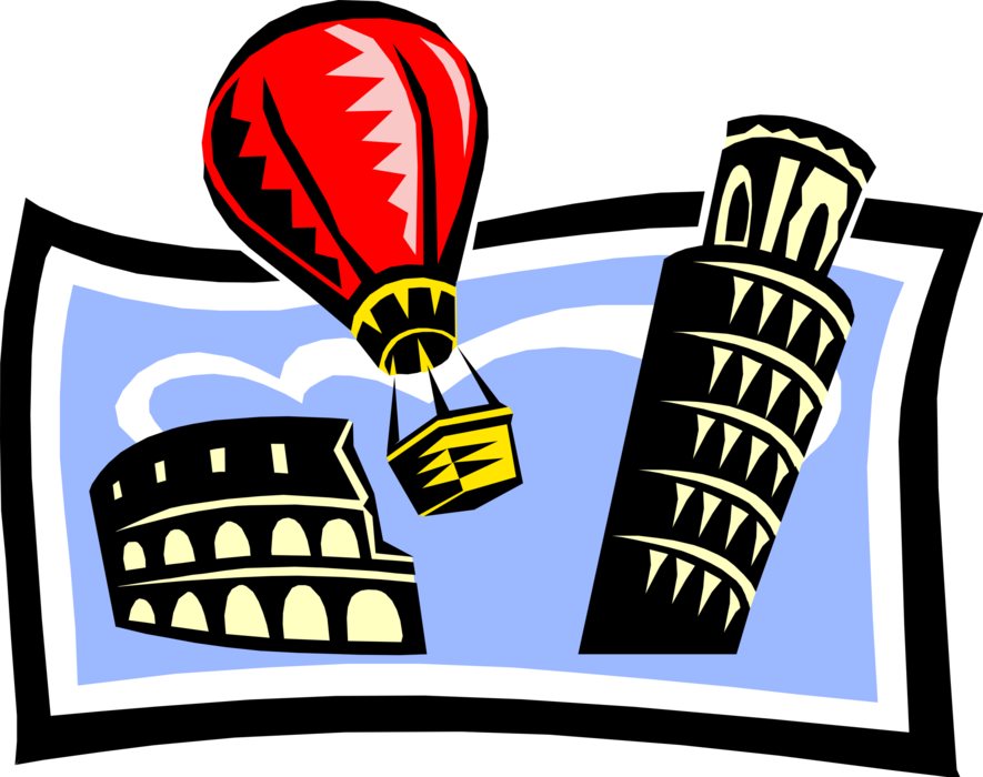 Vector Illustration of Italian Tourism and Sightseeing with Forum in Rome and Leaning Tower of Pisa, Italy