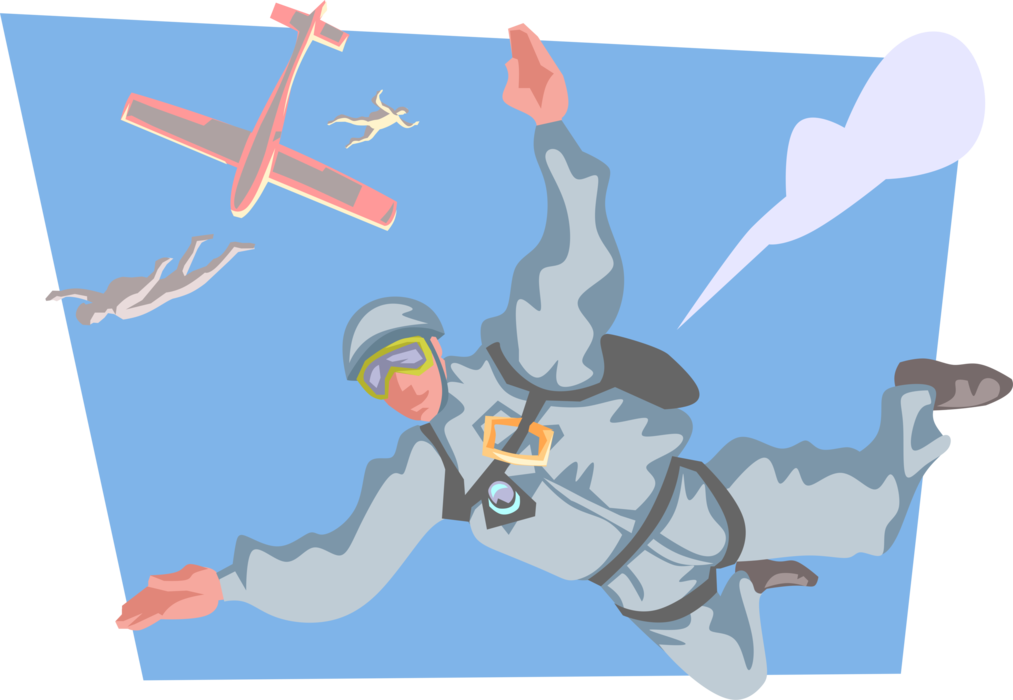 Vector Illustration of Skydiver Free Falling from Airplane Plummets to Earth