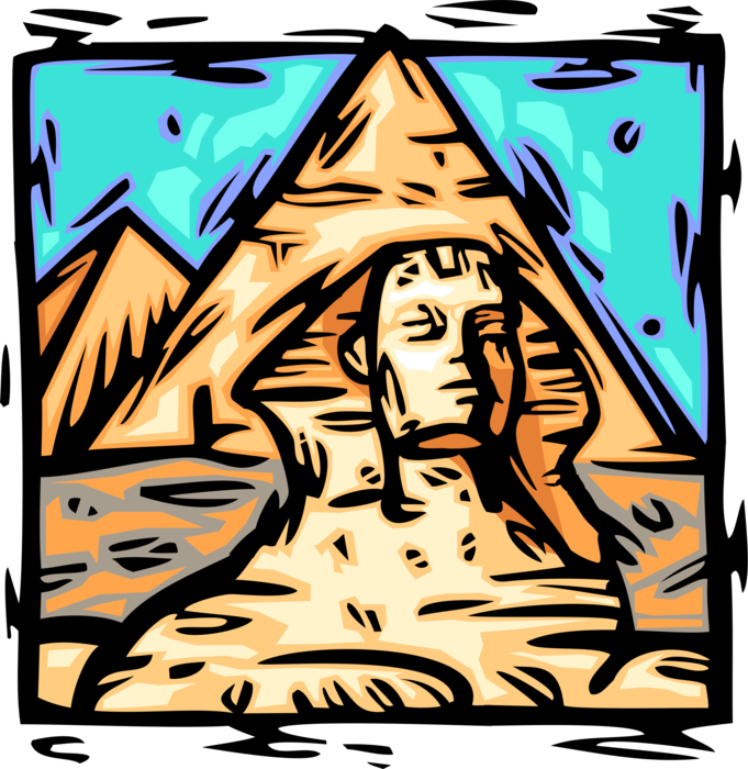 Vector Illustration of Ancient Egyptian Great Sphinx of Giza, with Pyramid of Khufu, Cairo, Egypt