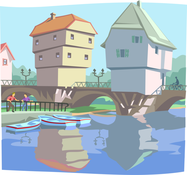 Vector Illustration of European Bridge Over Canal with Houses