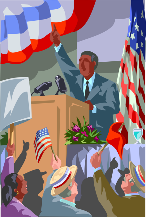 Vector Illustration of Politician Candidate for Political Office Giving Stump Speech for Election