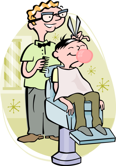 Vector Illustration of Boy Blows Bubble-gum Bubble and Gets Haircut at Barbershop