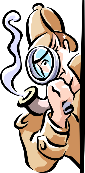 Vector Illustration of Sherlock Holmes Detective Follows Leads with Magnifying Glass