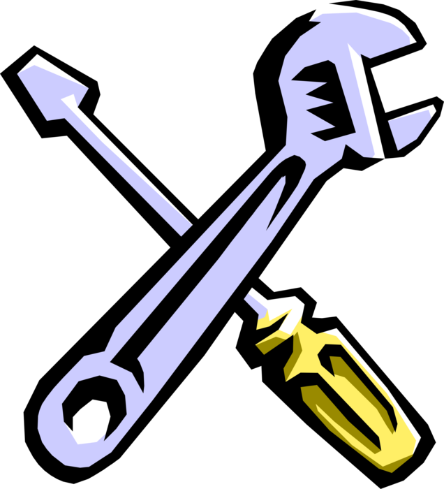 Vector Illustration of Adjustable Wrench or Spanner Tool with Adjustable "Jaw" Width and Screwdriver Tools