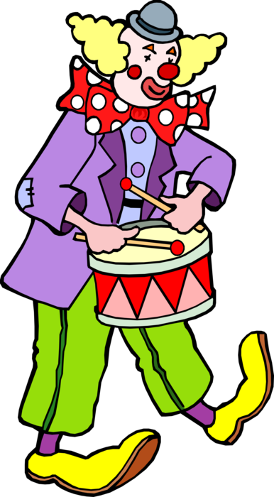 Vector Illustration of Big Top Circus Carnival Clown Plays Drum Percussion Instrument