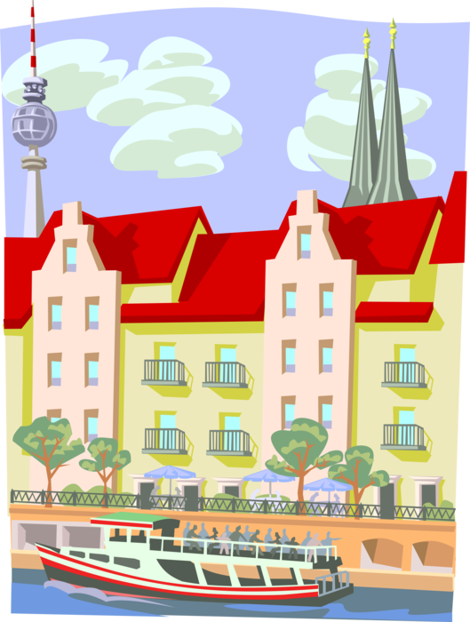 Vector Illustration of Canal Boat Tour with TV Tower Berlin, Germany, Architecture and Church Spires