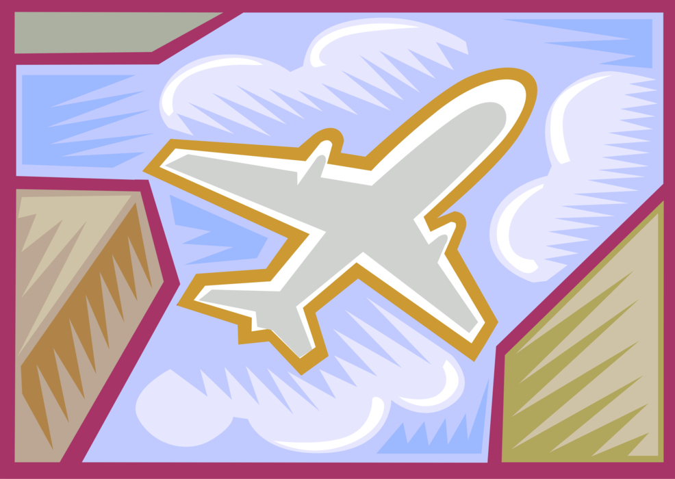 Vector Illustration of Commercial Airplane Passenger Jet Aircraft in Flight Over City 