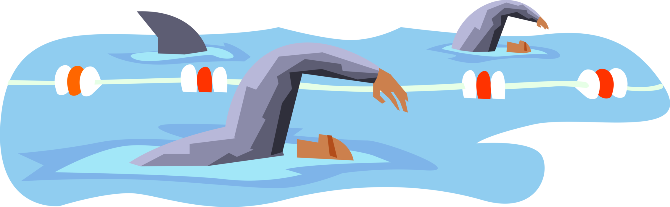 Vector Illustration of Swimming in Race as Marine Predator Shark Closes In for Attack
