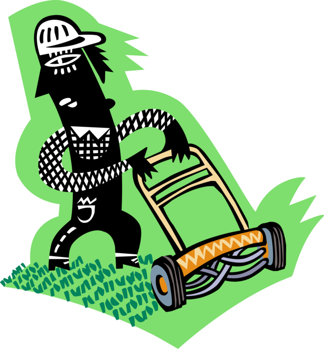 Vector Illustration of Lawn Care Worker with Yard Work Lawn Mower Mowing the Grass