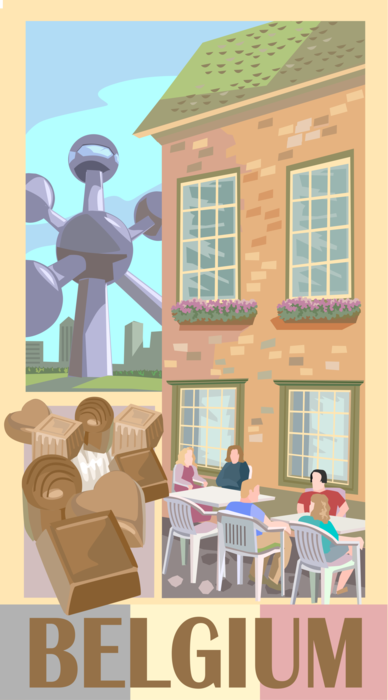 Vector Illustration of Belgium Postcard Design with Chocolates and Atomium