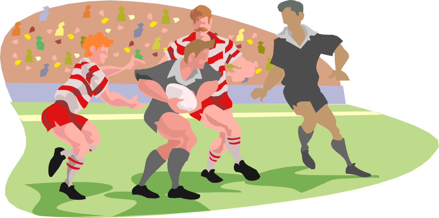 Vector Illustration of Rugby Players Running Down the Field with Ball During Match Game