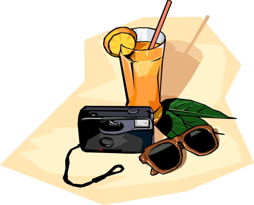 Vector Illustration of Refreshing Alcohol Beverage Drink with Camera and Sunglasses
