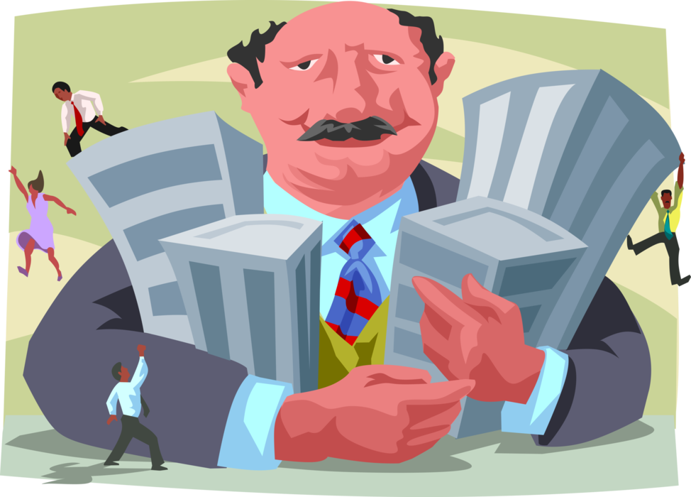Vector Illustration of Greedy Real Estate Investment Tycoon Holding His Properties