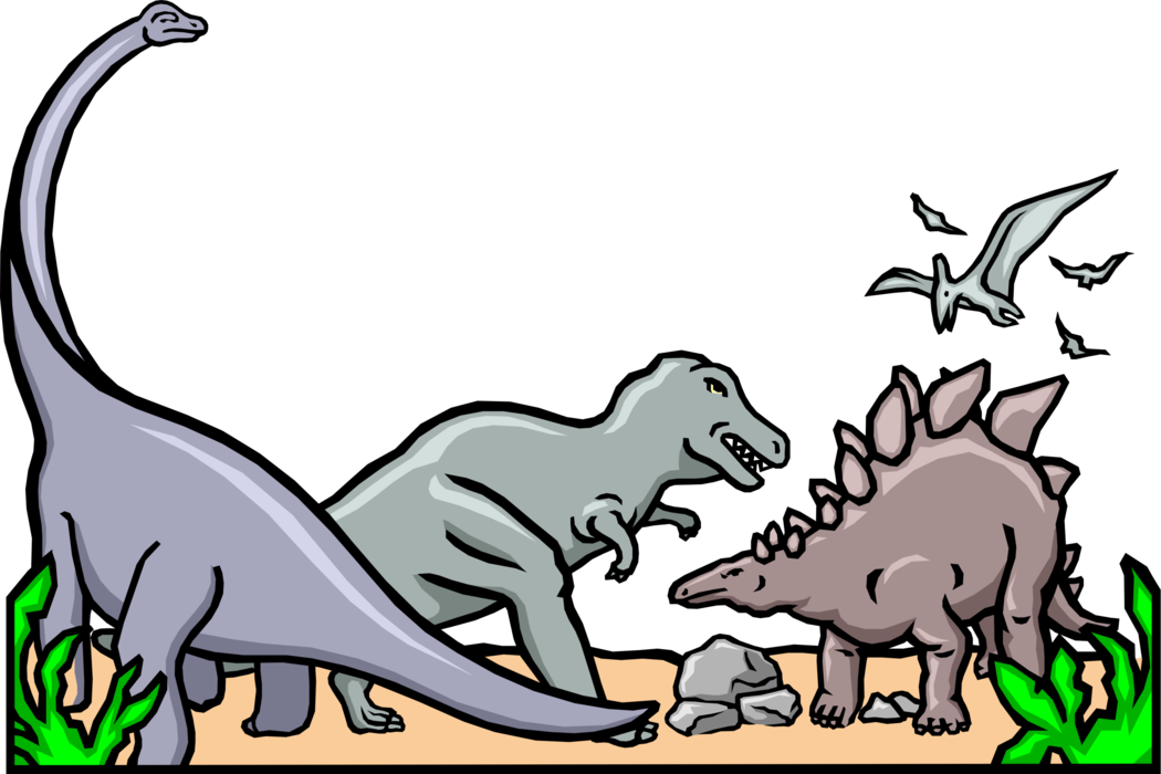 Vector Illustration of Prehistoric Dinosaurs from Jurassic and Cretaceous Periods Interacting