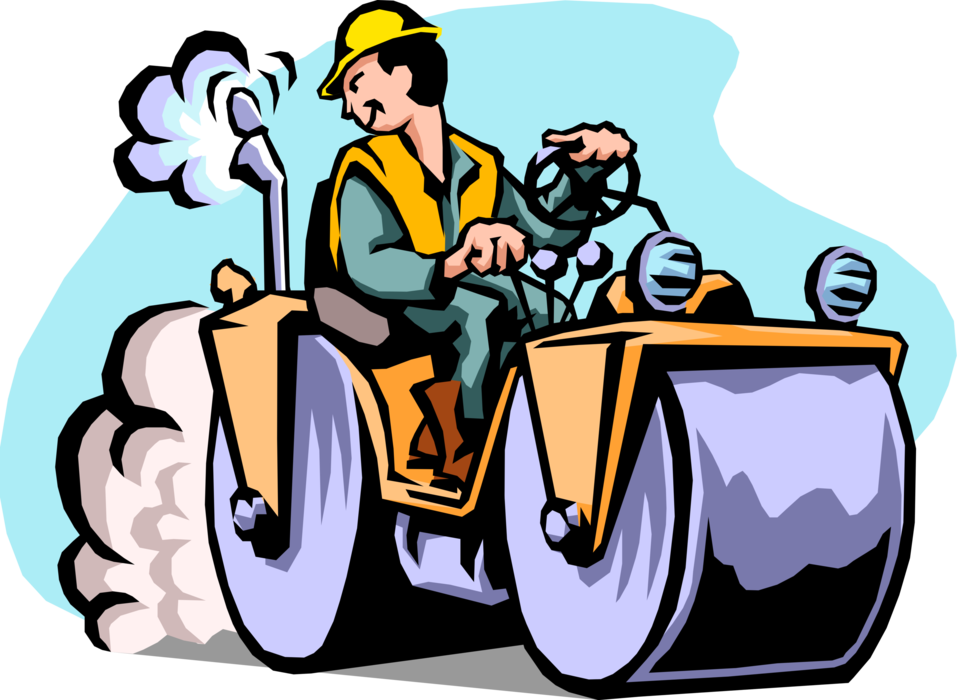Vector Illustration of Road Crew Construction Worker Paving Asphalt with Heavy Roller