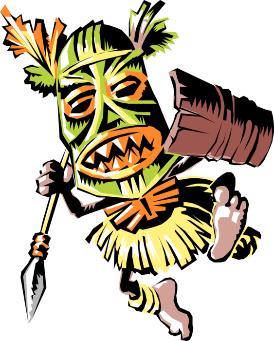 Vector Illustration of Tribal Warrior Attacks with Shield and Spear