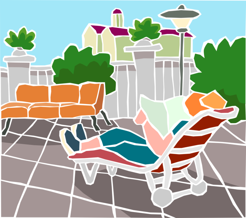Vector Illustration of Relaxing on Patio Lounge Reading Magazine or Newspaper