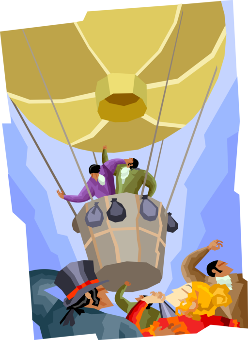 Vector Illustration of Mongolfie Brothers in The 1st Hot Air Flying Balloon with Gondola Wicker Basket