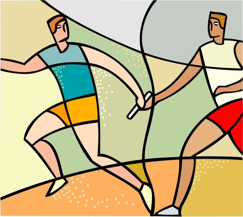 Vector Illustration of Track and Field Athletic Sport Contest Relay Race Runners Pass Baton