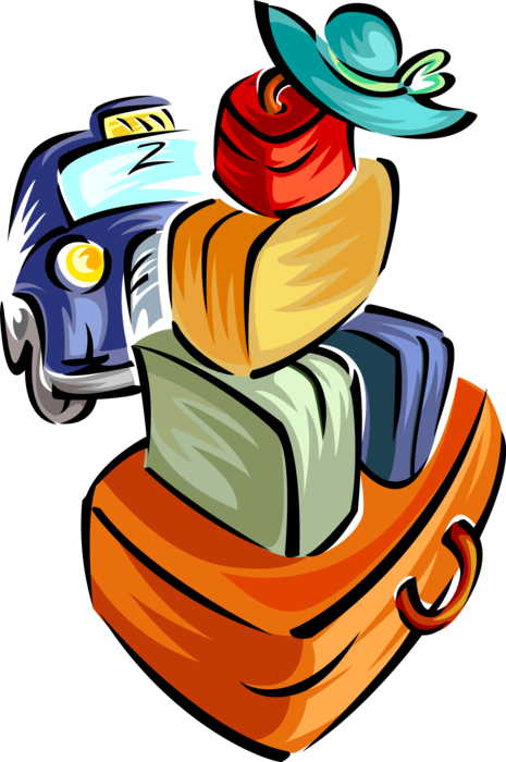 Vector Illustration of Air Travel Luggage or Baggage with Taxi or Cab Vehicle for Hire 