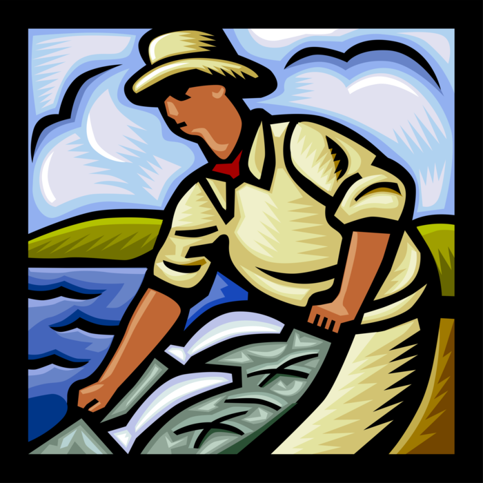 Vector Illustration of Commercial Fisherman Angler Hauls in Fishing Net with Catch of Fish