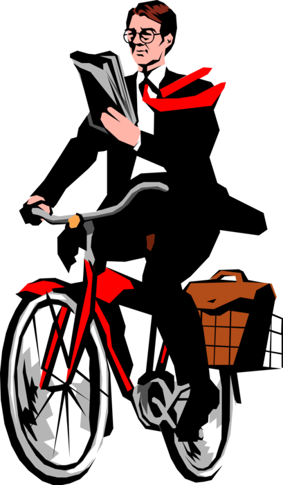 Vector Illustration of Businessman Cycles to Work and Reads the Stock Report