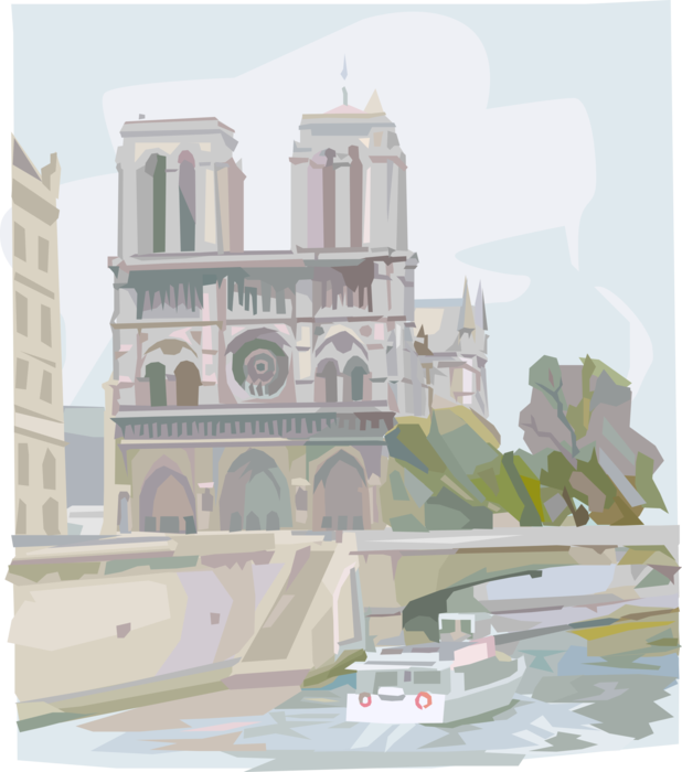 Vector Illustration of Notre-Dame Medieval Catholic Christian Church Cathedral in Paris, France on the River Seine