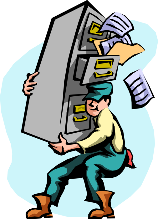 Vector Illustration of Office Mover Moving Filing Cabinet Filled with Files
