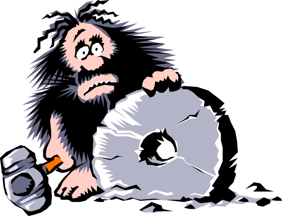 Vector Illustration of Prehistoric Neanderthal Stone Age Caveman Doesn't Realize He Just Invented the Wheel