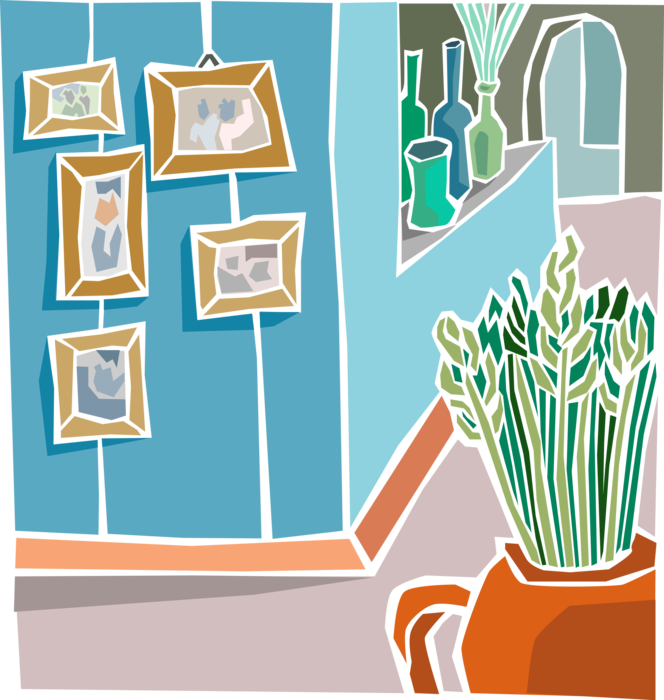 Vector Illustration of House Interior Framed Photos with Potted Plant
