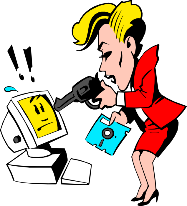 Vector Illustration of Woman Points Gun at Computer