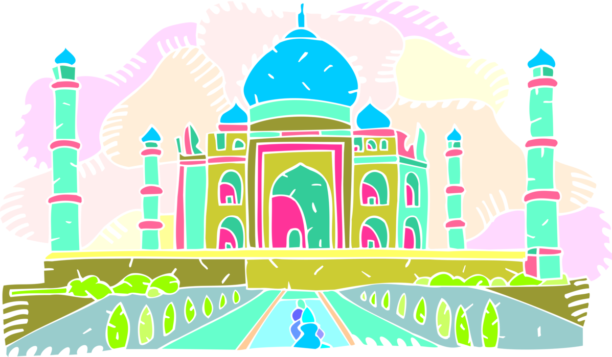 Vector Illustration of Taj Mahal Marble Mausoleum on Yamuna River in Indian City of Agra, India